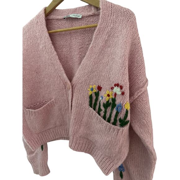 Zara Embroidered Jacquard Knit Oversized Sweater Cardigan Pink‎ Size Small - Picture 6 of 10
